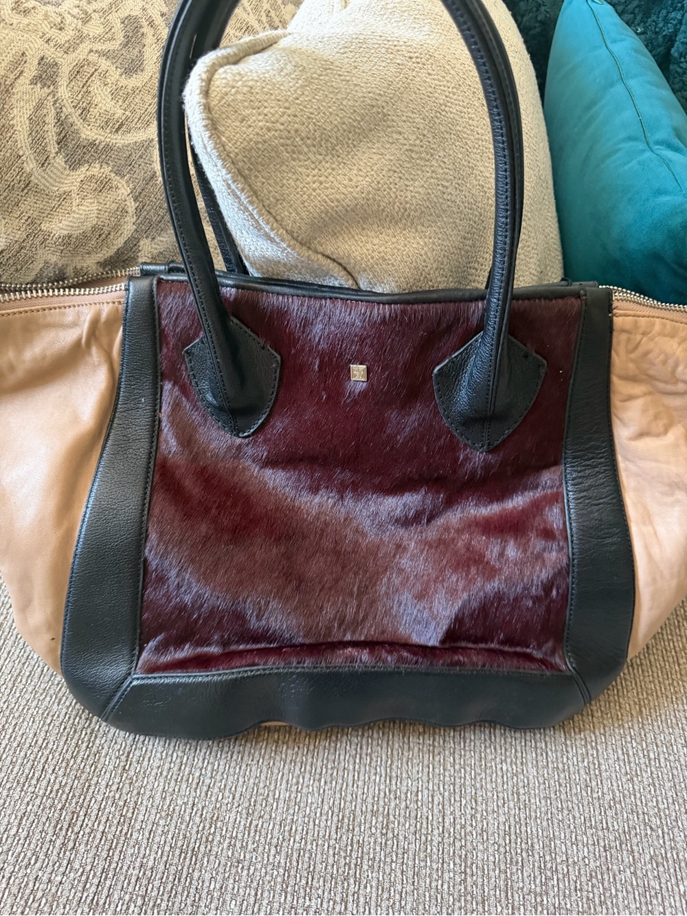 Pour La Victoire Burgundy Haircalf Tote with Black Trim and Tan Sides